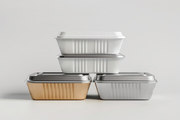 Three stacked takeaway boxes in different sizes on a clean background - obrazy, fototapety, plakaty