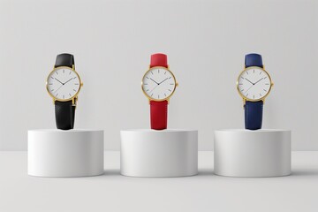 Sophisticated display of three luxury watches with different straps on white podiums