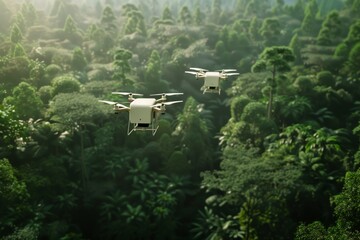 Two drones hover above a dense tropical forest, exploring the wilderness