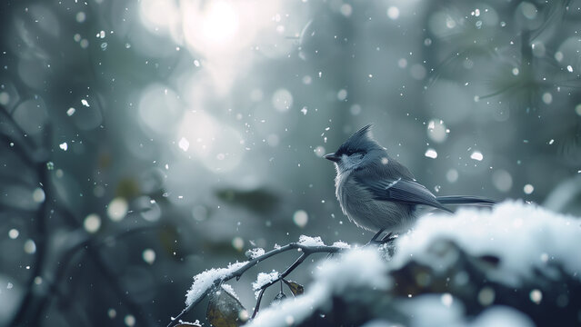 Winter’s Songbird: A Close-Up of a Tufted Titmouse in Snow