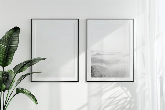 Stylish white room with two black framed pictures and a green plant