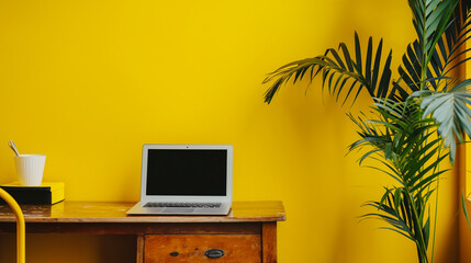 Mesa de computador escritório isolado no fundo amarelo - obrazy, fototapety, plakaty