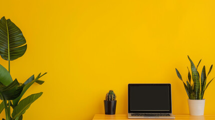 Mesa de computador escritório isolado no fundo amarelo - obrazy, fototapety, plakaty