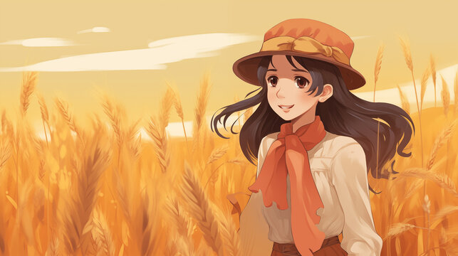 Garota fofa em um campo de trigo - Ilustração infantil