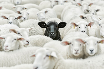 Black sheep in a flock of white sheep. Business concept. - 759765152