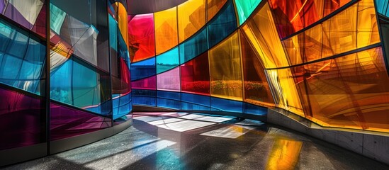 Abstract architectural interior featuring colorful glass sculpture with dark lines.