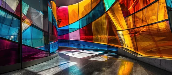 Deurstickers Abstract architectural interior featuring colorful glass sculpture with dark lines. © Vusal