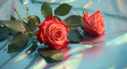 Two Red Roses on Holographic Foil Background - Elegant Floral Display on Reflective Silver Surface. Flat Lay Top View