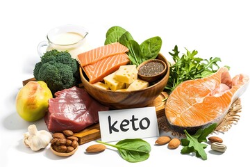 set of Various Foods for the Keto Diet and the text "keto" in the middle on white background