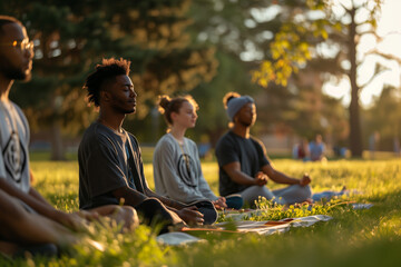 A group of friends practicing mindfulness exercises together in a park.Aa group of people are sitting on the grass in a park meditating - obrazy, fototapety, plakaty