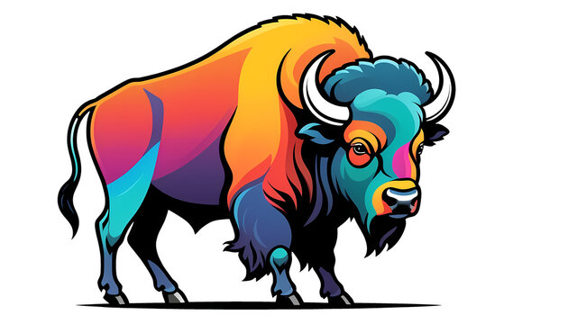 Colorful logotype of a drawn buffalo, bison on a transparent background