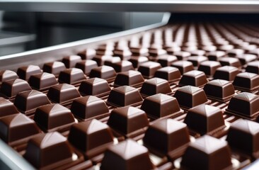 Close-up. Conveyor for the production of chocolates at a factory. The concept of modern production technologies