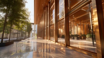 wood grain and reflective properties of glass on the building's façade to convey realism. The building's rounded features highlight its timeless elegance.