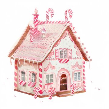 Picture of a pastel pink gingerbread house. white background