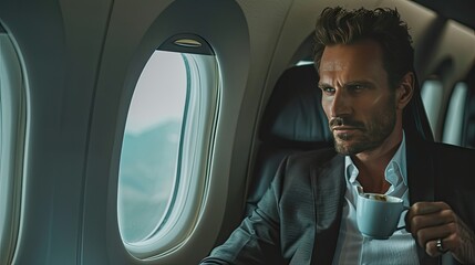 businessman with a cup of coffee in a natural pose and a sincere expression on his face, conveying realism and immersion in the scene in the airplane cabin.