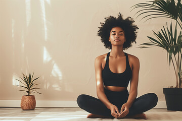 A person practicing progressive muscle relaxation to ease tension and promote calmness. A black Woman in lotus position, eyes closed on floor with houseplant is meditating and stretching muscles - obrazy, fototapety, plakaty