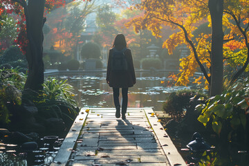 A person practicing mindfulness walking in a tranquil garden setting. A woman is walking across a bridge in a park on a sunny morning - obrazy, fototapety, plakaty