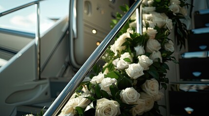 luxurious interior of a wedding or party plane, the staircase and steps into the plane are decorated with white flowers to enhance the richness of colors and textures.