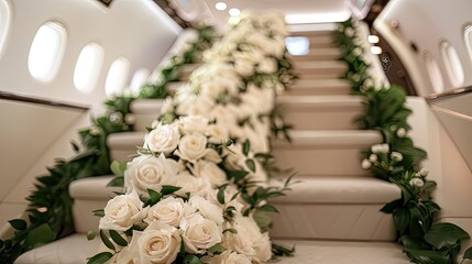 luxurious interior of a wedding or party plane, the staircase and steps into the plane are decorated with white flowers to enhance the richness of colors and textures.