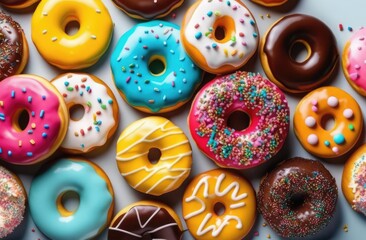 Top view of donuts with colorful glaze and sprinkles. Pastry shop concept
