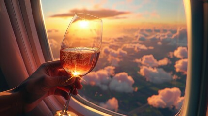 A hand holds a glass of drink on an airplane against the backdrop of the window. View of the clouds from an airplane during sunset or sunrise. Romantic atmosphere