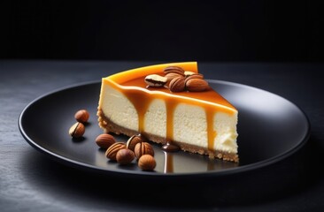 Caramel cheesecake with nuts on a black plate and black background. Pastry shop concept