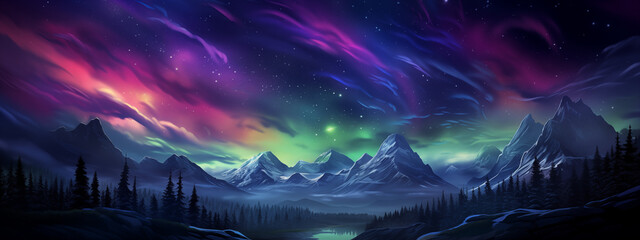 Vibrant Digital Aurora Over Mountainous Landscape