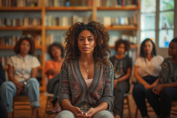 A psychologist leading a workshop on coping strategies for depression and anxiety. A group of women are sitting in circle during a therapy meeting led by and african woman to help others manage stress - obrazy, fototapety, plakaty
