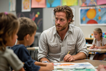 A psychologist leading an art therapy session for children with behavioral challenges. Man at table shares art with kids in classroom, making learning a fun event - obrazy, fototapety, plakaty