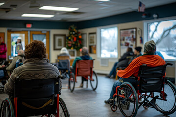 Obraz premium A support group gathering at a community center for peer support and encouragement. A group of elderly people in wheelchairs are seated in a room, at a leisure event