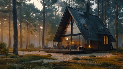 an A-frame house among a coniferous forest so that their foliage frames the structure and creates a seamless integration with the surrounding environment. Complex details like A's house.