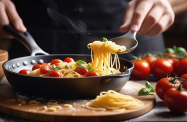 Close-up of the hands of a chef in a white jacket preparing pasta with cherry tomatoes. Italian restaurant concept