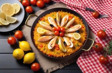 Paella with seafood, tomatoes and herbs in a frying pan on the table with a white and red checkered napkin and cutlery. Home restaurant concept