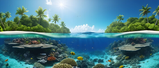 Tropical island with lush greenery and a vibrant coral reef beneath the crystal-clear water, showcasing a split view above and below the waterline.