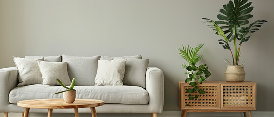 cabinet with plant next to grey sofa in simple living room interior.