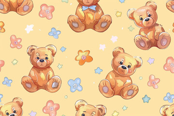 seamless pattern with teddy bears and flowers wallpaper background , created using generative Ai tools