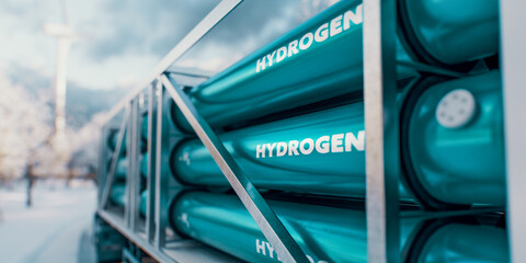 Detail view of the hydrogen tanks of a truck trailer for transporting hydrogen in a snowy winter landscape in the pleasant morning light. 3D rendering.