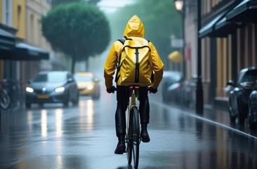 Fototapeta premium Delivery man in yellow flowers on a bicycle delivers groceries on a rainy day, concept for delivery and online orders