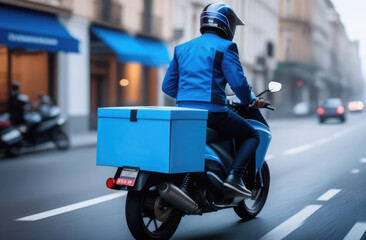 A delivery man rides through the city on a blue-colored motorcycle