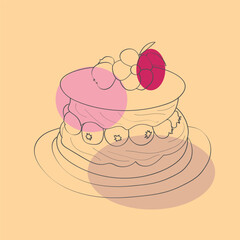 A hand-drawn illustration of a cake with icing swirls and a bright red cherry on top. The cake is displayed on a simple background, showcasing its colorful and appetizing appearance