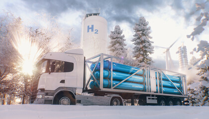 A truck with a hydrogen filling device, hydrogen tanks and a wind power plant in the middle of a snowy forest in the beautiful morning light. 3D rendering.
