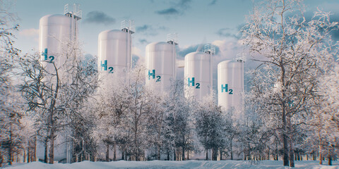 View of white hydrogen tanks in a snowy winter landscape with trees in the foreground in the pleasant morning light. 3D rendering.