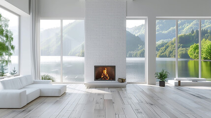 White 3D interior room with fireplace and lake view - obrazy, fototapety, plakaty