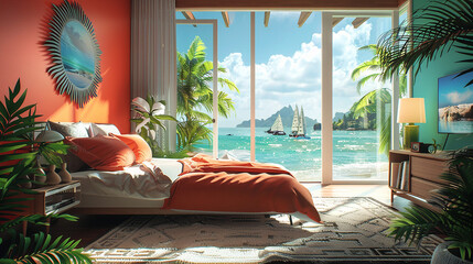 Tropical bedroom interior with double bed