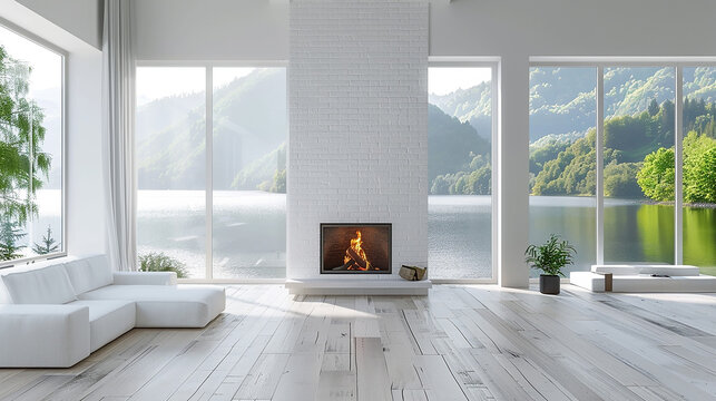 White 3D interior room with fireplace and lake view