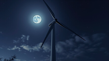 A wind turbine silhouetted against a night sky, full moon illuminating clouds, stars scattered in the dark expanse - Powered by Adobe