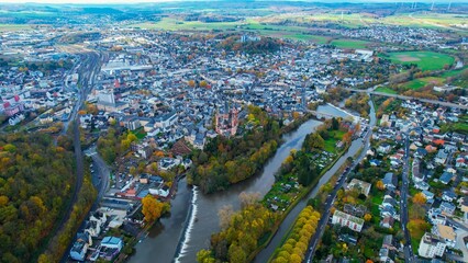 Aerial view of the old town and castle Limburg in Germany on a cloudy noon in autumn	