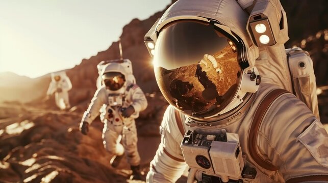 Astronauts in futuristic space suits are exploring the surface of Mars.