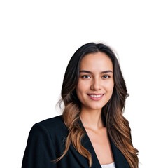 Closeup photo of beautiful smiling caucasian woman with long hair looking at camera. Headshot isolated on a transparent background