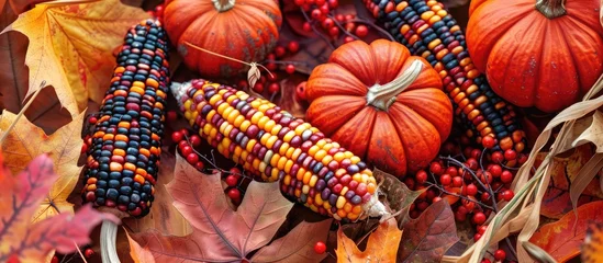 Fotobehang Thanksgiving home decor with pumpkins, Indian corn, and autumn leaves. © Vusal